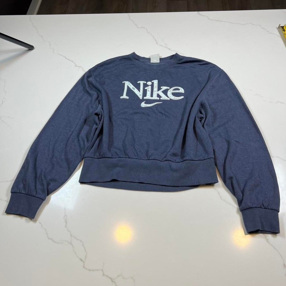 Nike Sweatshirt Women Medium Navy Blue Cropped Embroidered Spellout sweatshirt